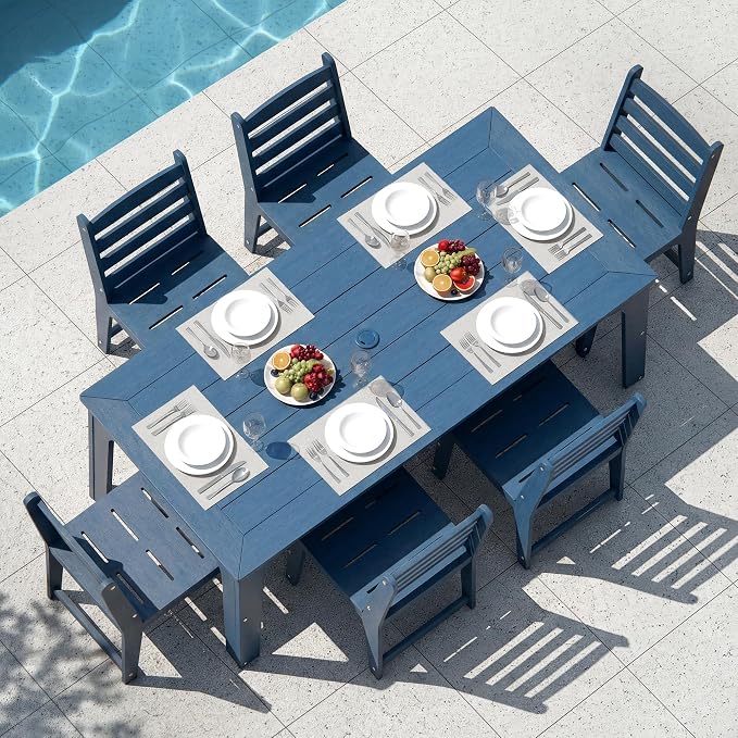 HDPE Outdoor Dining Table & Chairs Set for 6 Person, Blue(7-Piece) | Weather-Resistant Patio Furniture Set with Metal Support Bars and Umbrella Hole Cut-Out for Poolside Garden Backyard Deck