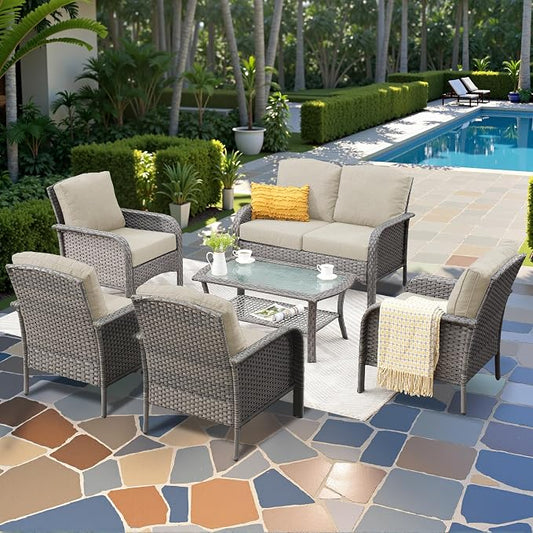 CAODOC 6-Piece Wicker Patio Furniture Set, All-Weather Rattan Conversation Bistro Loveseat Chair and Table Set for Backyard, Balcony and Deck with Soft Cushions and Metal Table(Beige)