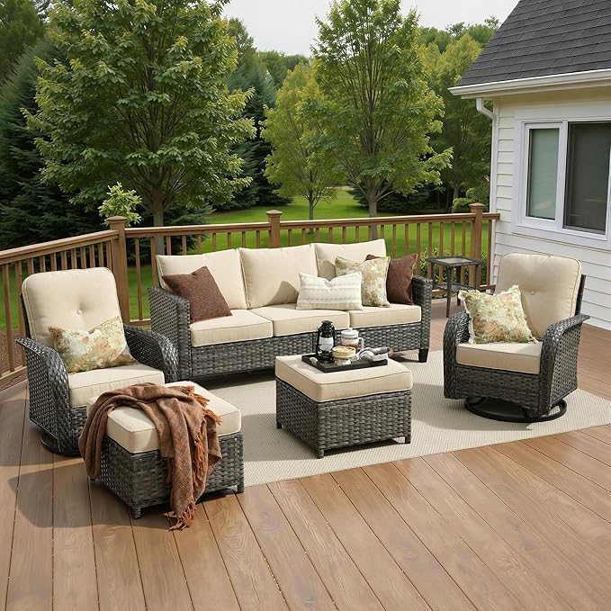 6 Piece Wicker Patio Furniture with Swivel Rocker Chair, Beige | High Back Swivel Rocker Chairs, Outdoor Sofa Ottoman, Heavy Duty, All Weather Rattan Modern Conversation Sets, Deck Backyard