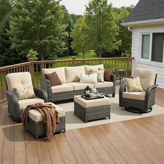 6 Piece Wicker Patio Furniture with Swivel Rocker Chair, Beige | High Back Swivel Rocker Chairs, Outdoor Sofa Ottoman, Heavy Duty, All Weather Rattan Modern Conversation Sets, Deck Backyard