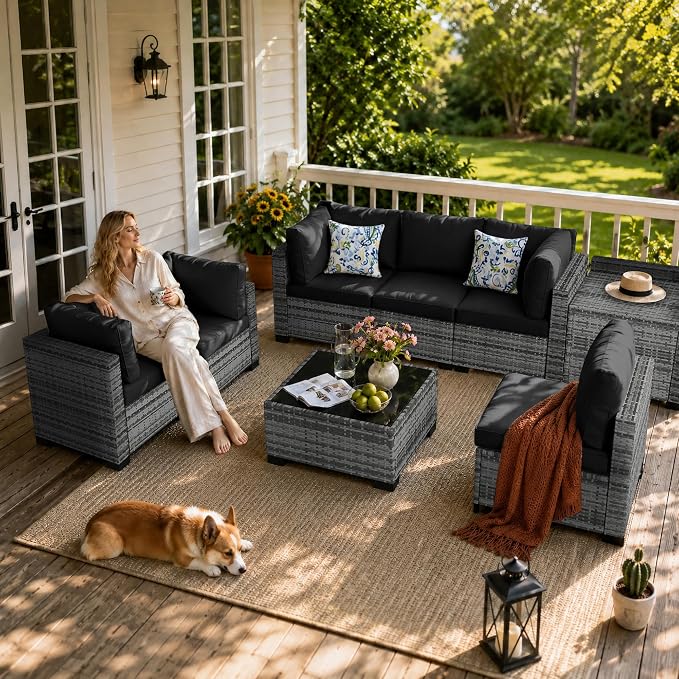 8-Piece Modular Patio Furniture Set with Storage Box Outdoor Sectional Sofa | Patio Conversation Set with Coffee Table, PE Rattan Wicker Couch with Waterproof Cushions for Backyard, Deck & Porch, Black