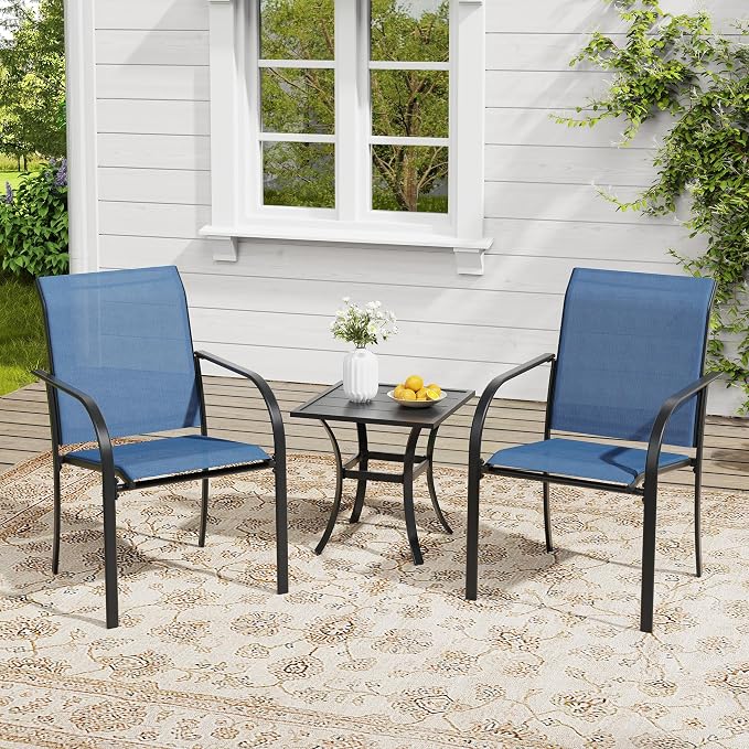 VICLLAX Outdoor Set for 2, Small Patio Table and Chairs Set of Stackable Patio Sling Chairs and Square Dining Table for Front Porch, Blue Fabric and Black Table
