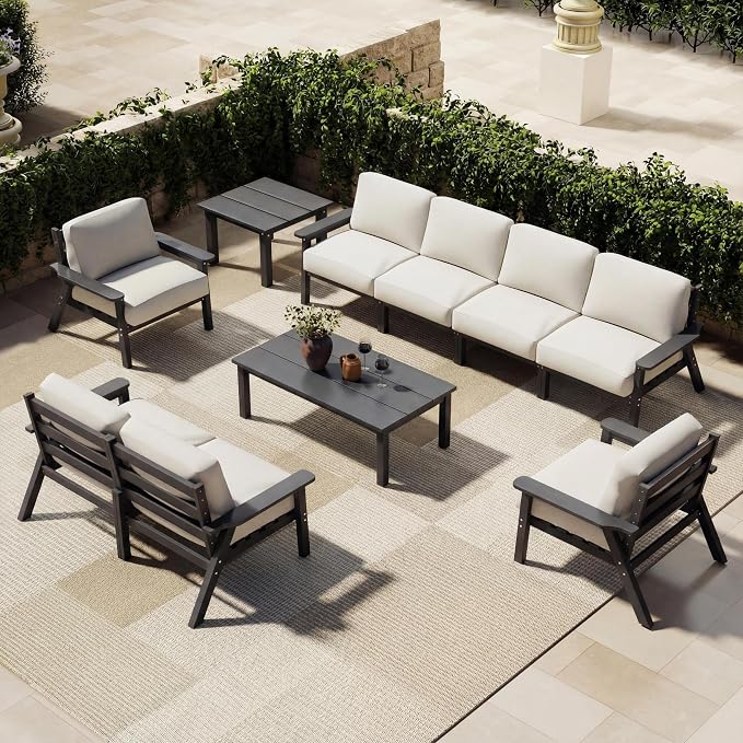 Patio Furniture Set 8 Seats, 4-Seater and 2-Seater Outdoor Sofas with Beige Washable Thick Cushions, Patio Conversation Sets for Lawn, Garden, Porch, Balcony, Deck (Grey Frame)