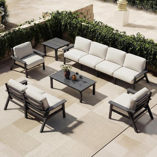 Patio Furniture Set 8 Seats, 4-Seater and 2-Seater Outdoor Sofas with Beige Washable Thick Cushions, Patio Conversation Sets for Lawn, Garden, Porch, Balcony, Deck (Grey Frame)