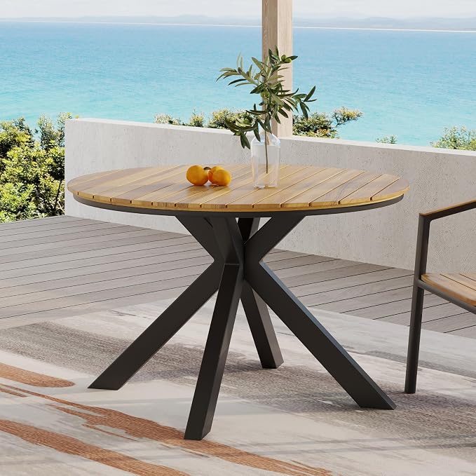 Merax 45" Round Outdoor Patio Dining Table Teak Acacia Wood Tabletop and Black Metal Leg, Modern Industrial Style Patio Dining Table