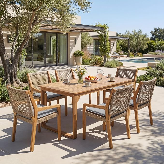 Christopher Knight Home Samma Acacia Wood Outdoor Dining Set for 6, Patio Dining Table Set for 6, Outdoor Dining Table and Sled Base, Dining Chairs with Cushion + Wicker Backrest, Teak+Brown+Grey