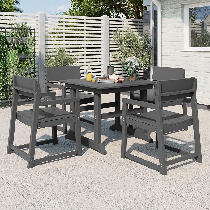 Vongrasig 5 Pieces Patio Dining Set, All Weather Outdoor HDPE Dining Furniture Set with Table and Chairs for 4, Garden Patio Furniture Set for Lawn, Backyard, Poolside, Grey