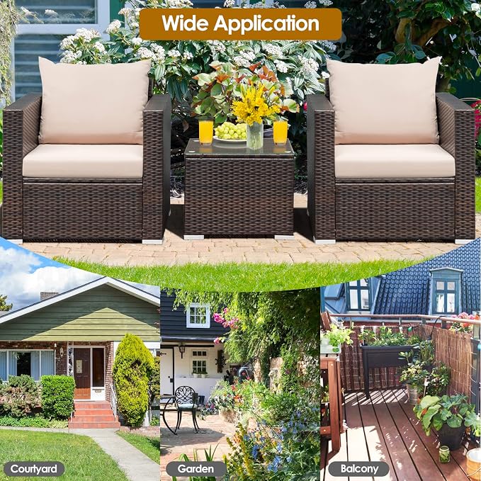 Patio Conversation Set Outdoor, 3-Piece Rattan Wicker Furniture Set with Water-Resistant Cushion & Tempered Glass Tabletop, Patio Furniture Set for Balcony, Porch, Poolside(Beige)