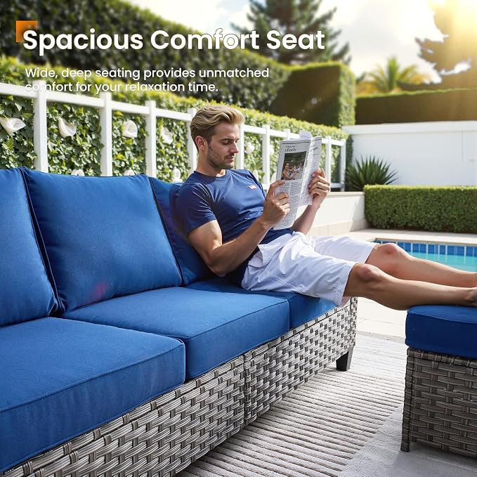 CAODOC Patio Furniture Set, 7 Pieces Outdoor Wicker Rattan Sofa Couch with 4 Chairs, Ottomans and Comfy Cushions, All Weather High Back Conversation Set Garden Backyard, Brown Rattan Blue Cushions