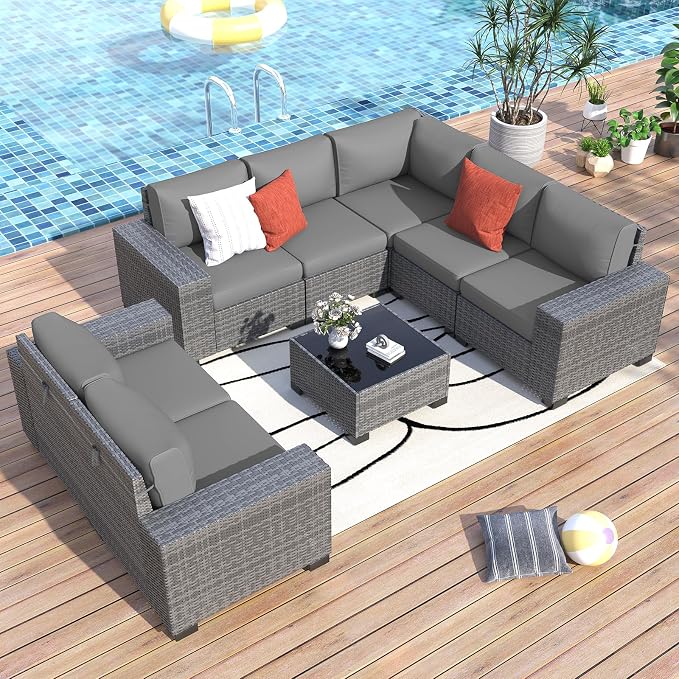 Outdoor Patio Furniture Set, Wide Outdoor Sectional Rattan Sofa Set, Wicker Patio Conversation Set with Cover for Deck, Poolside, Porch, 8 PCS (Grey & Grey)