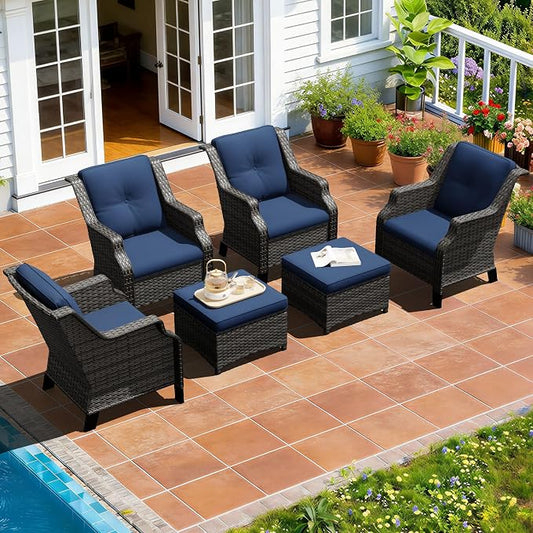 Outdoor Patio Furniture Set, 6 Piece Wicker Patio Furniture with Thick Cushions, Curved Armrest, Deep Seating, Rattan Outdoor Chairs for Porch, Deck, Balcony