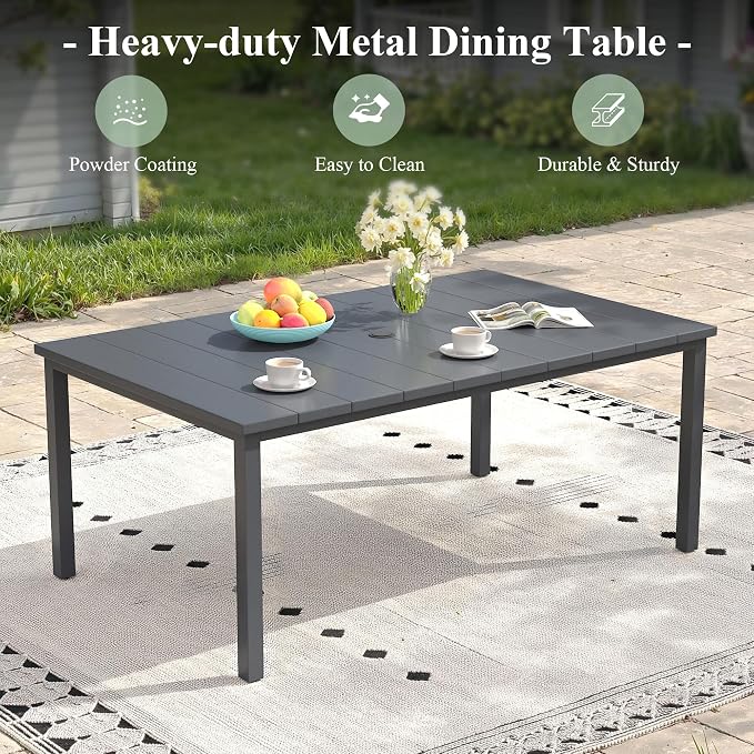 Patio Dining Set for 6, 63" Outdoor Dining Table and Chairs Set with Stackable Patio Chairs Outdoor Furniture for Garden Deck Backyard, Dark Grey Table and Grey Chairs