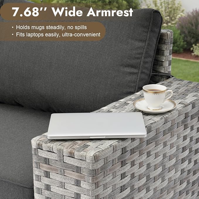 10 Pieces Outdoor Patio Sectional, Wicker Patio Furniture Set with 42 inch Fire Pit Table, All-Weather L Shaped Patio Conversation Set with Swivel Chairs, for Backyard Porch Yard,Black