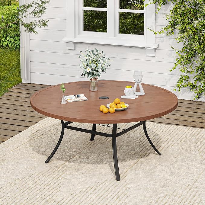 VICLLAX Outdoor Table and Chairs Set for 8, Patio Dining Set of 60 Metal Round Patio Table with Umbrella Hole & 8 Swivel Outdoor Dining Chairs for Backyard Lawn, Mixed Brown & Walnut