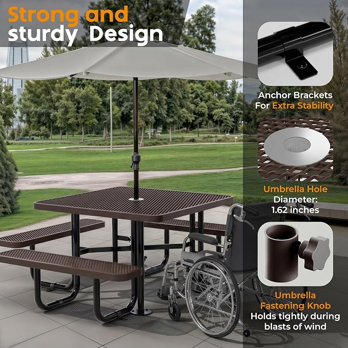 Metal Picnic Tables for Outdoors with Umbrella Hole - Coated Steel Heavy Duty Commercial Grade Furniture (Brown, 46 in, Square, Expanded Steel)