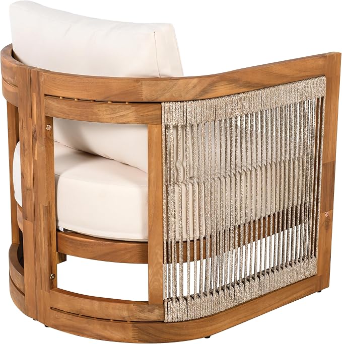 JIVOIT Acacia Wood Outdoor Furniture Set, 4-Piece Patio Seating Group with 2 Chairs, Loveseat & Coffee Table, Curved Tub Design with Woven Rope Accents, Water-Resistant Cushions (Beige,Teak//51)