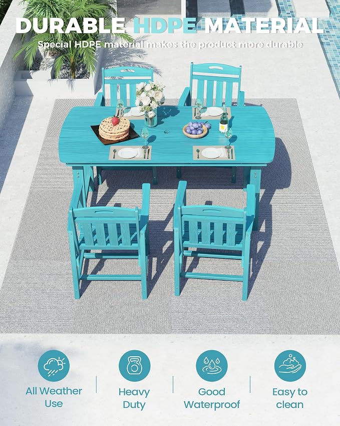 Ciokea HDPE Outdoor Dining Set, 5-Piece Patio Table and Chairs Set with Umbrella Hole, All-Weather Patio Dining Sets for 4, Durable Patio Furniture for Backyard, Garden, Lawn & Poolside, Lake Blue