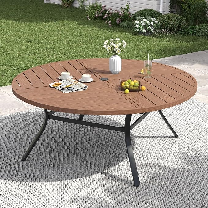 VICLLAX 60" Round Patio Table with Umbrella Hole, All Weather Metal Outdoor Dining Table for 8, Outside Table for Lawn Garden, Walnut Wood-Grain Finish