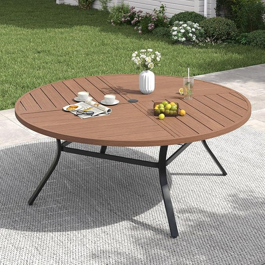 VICLLAX 60" Round Patio Table with Umbrella Hole, All Weather Metal Outdoor Dining Table for 8, Outside Table for Lawn Garden, Walnut Wood-Grain Finish