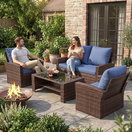 UDPATIO Patio Furniture Set, Outdoor Furniture Sets with Loveseats Sofa, Wicker Rattan Outdoor Conversation Set with Storage CoffeeTable for Backyard, Deck, Porch,Brown/Blue