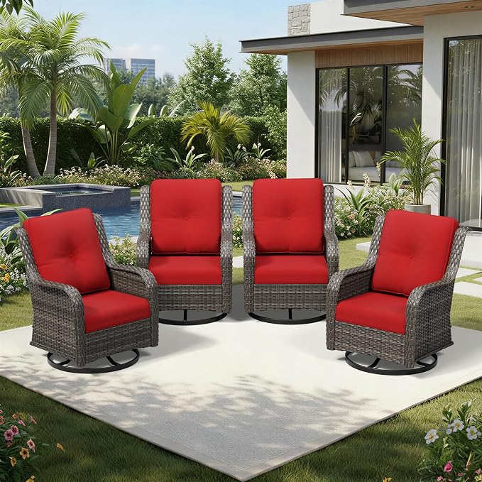 Joyside 4 Piece Outdoor Swivel Rocker Patio Chairs, Wicker Patio Furniture with High Back, Deep Seating, Wide Armrest, Thickened Cushions, Outdoor Rattan Furniture for Deck, Porch Use