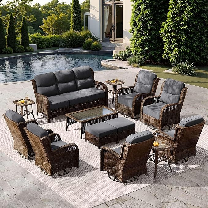 HILLGA Luxury Outdoor Patio Furniture Set with 6-Inch Thick Cushions, High Back Wicker Swivel Rocker Chairs, 13 Pcs All Weather Conversation Set for Large Deck, Yard and Poolside, Gray (V3)