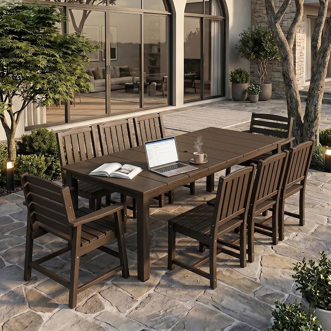 PLUUV 9-Piece Outdoor Patio Dining Set – HDPE Dining Table with Aluminum Legs and Umbrella Hole, 8 Chairs & 1 Table, All-Weather Patio Furniture Set for Garden Deck Backyard, Coffee