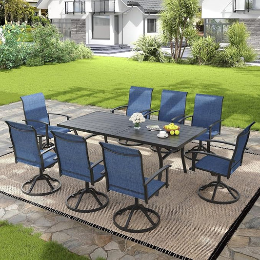 VICLLAX 9 Pieces Patio Outdoor Dining Set, 8 Swivel Textilene Chairs and 70" Rectangular Metal Table with Umbrella Hole for Porch, Deck, Garden, Black/Dark Blue