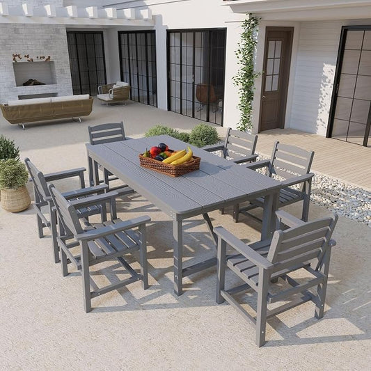 Kingdura 7 Piece Patio Dining Set for 6, HDPE Outdoor Table & Chairs with Umbrella Hole, All-Weather Outdoor Furniture Patio Conversation Set for Lawn Pool Backyard, Grey