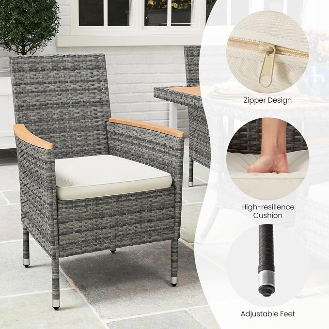 RoyalCraft 5-Piece Patio Wicker Dining Set for 4, Water-Resistant Rattan Outdoor Table with Wood Top and 4 Chairs, Conversation Set for Deck, Garden, Backyard, Removable Cushions, Grey