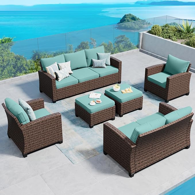 SUNSHINE VALLEY Patio Furniture Set Outdoor Furniture Brown Wicker Rattan Patio Conversation Sets with Cushion Outside Sofa Set,6 Pieces 9 Seats,Blue