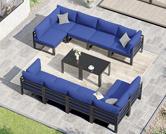 NICESOUL 12 Pcs Extra Large Modern Aluminum Outdoor Sofa with Coffee Table, 29" Deep Wide Seat, 500 lbs Durable Sectional Set for Heavy People,High End Patio Furniture Set for Backyard Lawn, Navy Blue
