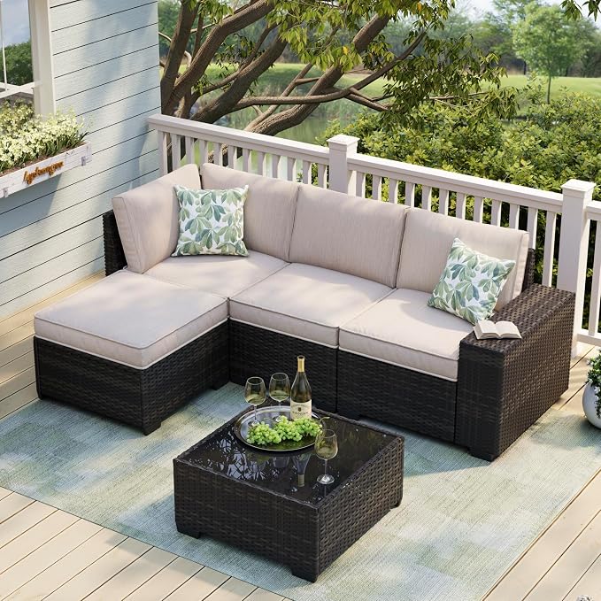 JOYURE 5 Pieces Patio Furniture Set, Outdoor Sofa with Waterproof Cushions&Ottoman, Rattan L Shaped Patio Couch & Coffee Table, Modern Outdoor Furniture for Backyard, Deck, Balcony – Beige