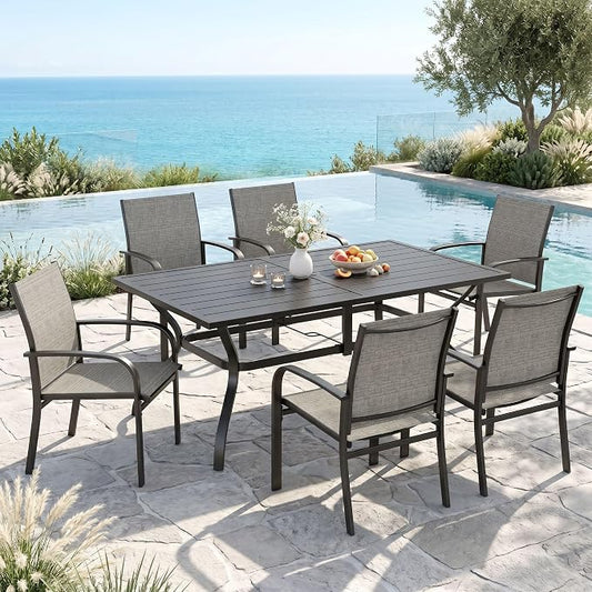 MIXPATIO Patio Table and Chairs Set, Patio Dining Set for 6 with Brown Chairs and Metal Rectangular Table for Deck Backyard Lawn Poolside
