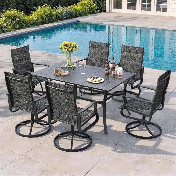 7 Pieces Patio Dining Set, Padded Patio Outdoor Furniture Set of 6 Patio Swivel Dining Chairs and Patio Spliced Rectangular Tabletop with Umbrella Hole, for Deck, Backyard, Poolside & Garden