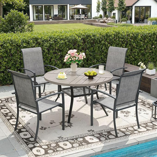 DIFY 5 Pieces Outdoor Dining Set, Metal Patio Table and Chairs Set for 4 with Umbrella Hole, 40.6" Round Dining Table and Textilene Stackable Patio Chairs for Garden Backyard Poolside, Grey Wood-Like