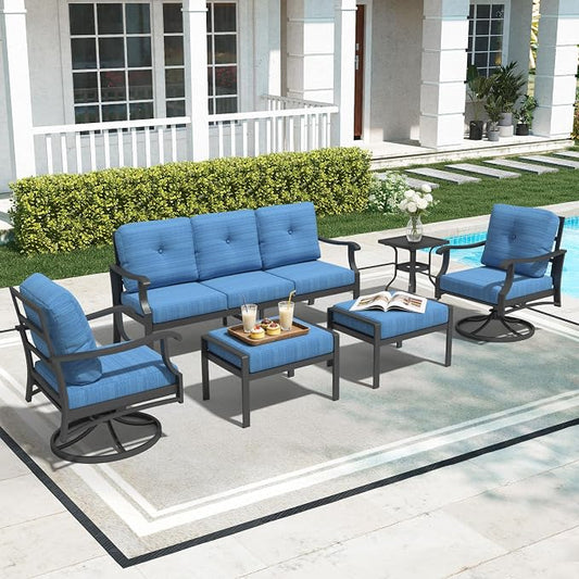 6 Piece Aluminum Patio Conversation Set, Outdoor Metal Furniture Set w/Rocking Swivel Chairs, 3-Seat Sofa, Ottomans and Coffee Table, 5" Thickened Cushions for Backyard, Poolside, Blue