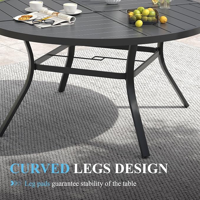 VICLLAX 50" Round Patio Table with Umbrella Hole, All Weather Metal Outdoor Dining Table for 6, Outside Table with Storage Shelf for Lawn Garden, Black