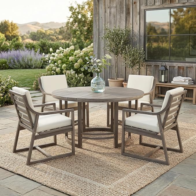 WILLIAMSPACE 5-Piece Acacia Wood Round Outdoor Patio Dining Set with 4 Chair, Brown
