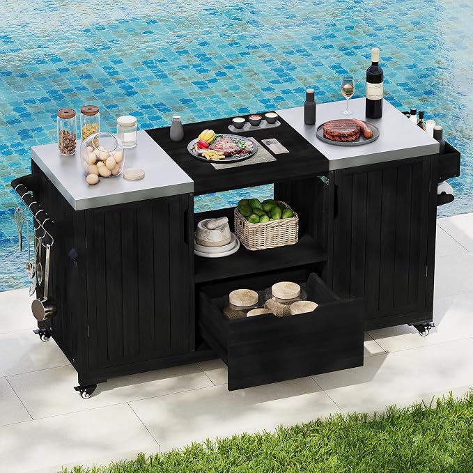 RUNNA 66.5" Outdoor Kitchen Island for Big Green Egg Grills,Solid Wood Outdoor Grill Cart for Tabletop Grill with Stainless Steel Top,Drawer, Compatible with Large Big Green Egg, Kamado Joe
