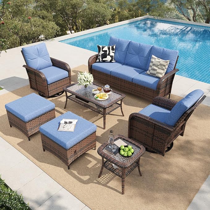 LazySunsets 9 Piece Outdoor Patio Furniture Set with Coffee Table, Wicker Rattan Outdoor Furniture with High Back Swivel Rocker Chairs, Outdoor Conversation Set with Thick Cushion & Ottoman, Navy Blue