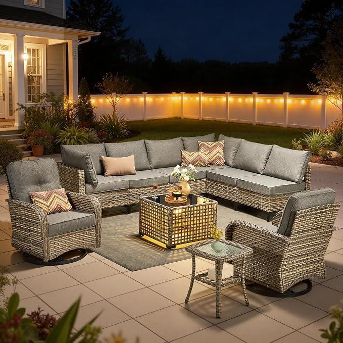 10 Pieces Outdoor Sectional Patio Furniture Set with Swivel Rocking Chairs,Wicker Conversation Sets Rattan L Shaped Couch,Modular Outdoor Sofa for Porch Balcony Backyard Dark Grey