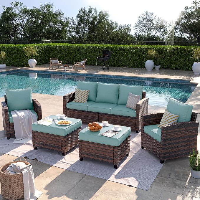 Outdoor Furniture Set, 5 Pcs Wicker Patio Couch with Chairs, Ottomans and Thick Cushions, All Weather Wicker Rattan Patio Conversation Set,Light Blue