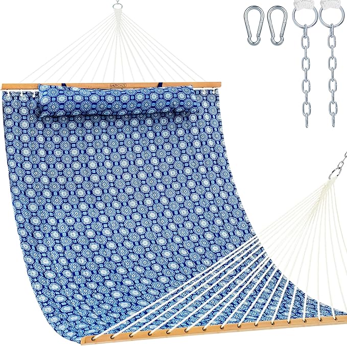 Lazy Daze Hammocks 12FT Quilted Fabric Hammock with Soft Pillow, Double 2 Person Tree Hammock with Spreader Bar for Outdoor Patio Backyard Poolside, 450lbs Weight Capacity, Blue Floral