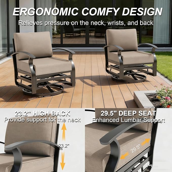Gotland Aluminum Patio Furniture Set with Fire Pit Table, Metal Patio Furniture with 2 Swivel Rocking Chairs Waterproof 5.1'' Seat Cushions, Oversized Outdoor Sectional for Garden Balcony Porch Khaki