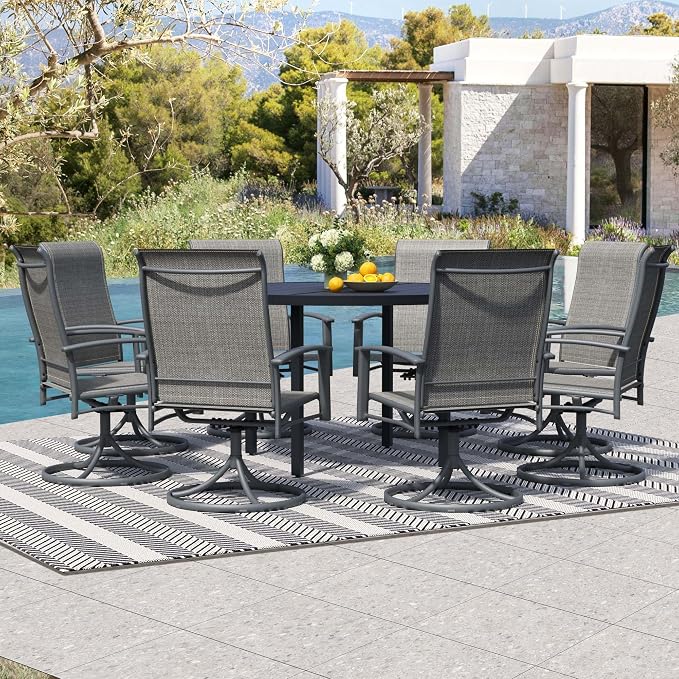 9-Piece Outdoor Dining Set for 8 – 60" Black Round Patio Table with Umbrella Hole & 8 Grey Outdoor Dining Chairs with Armrests, Large Poolside Furniture