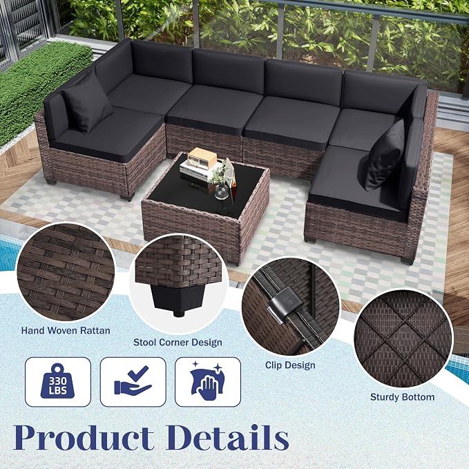 KIGOTY 14-Piece Patio Furniture Set, All-Weather PE Rattan Outdoor Sectional Sofa, Modular Wicker Conversation Set with Thick Cushions & Easy-Clean Coffee Table（Brown/Dark Grey）