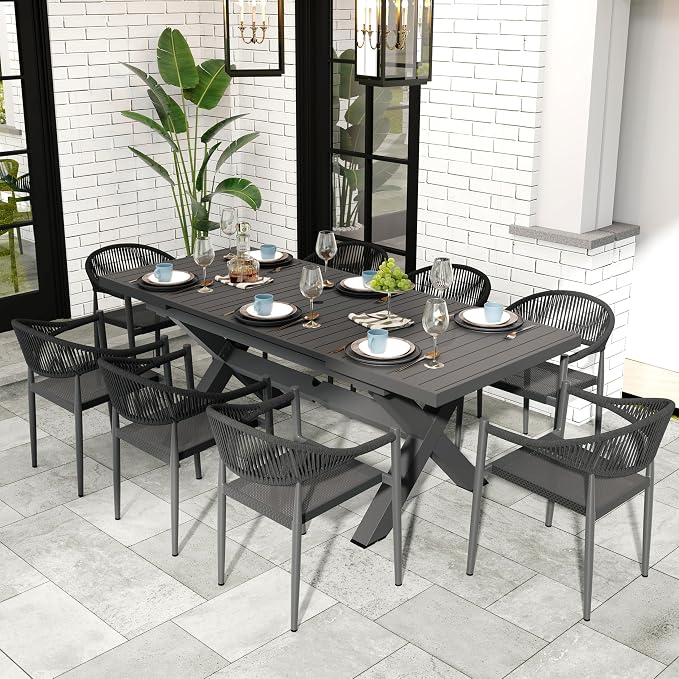 Extendable Patio Dining Table for 6-8: 63''-83'' Rectangle Aluminum Table, Umbrella Hole, Slatted Tabletop, Metal Sturdy X-Trestle Base for Outdoor Meals Garden Deck Yard Gathering Party - Gray
