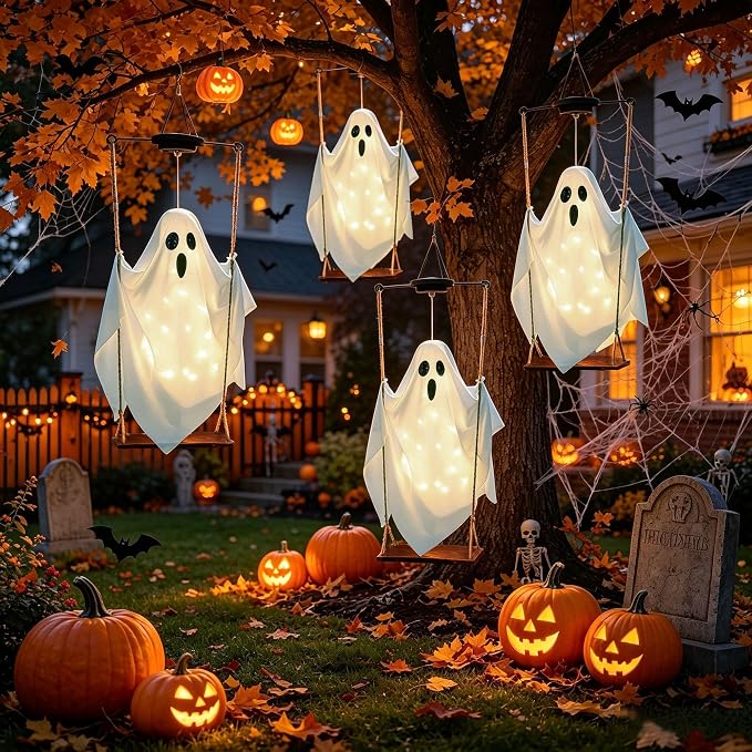 Halloween Decorations Outdoor Solar Hanging Swing Ghost Halloween Decor with String Lights, 2 Pack Scary Party Gifts Decor, Spooky Ghost on Swing Decorations for Yard Garden Porch Haunted House Tree