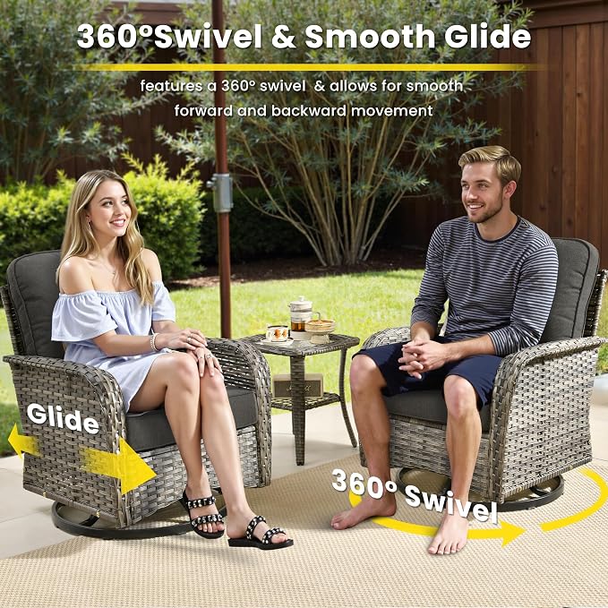 3 Pieces Outdoor Patio Furniture Set, Outdoor Wicker Rocking Patio Chairs Set of 2 with Coffee Table, All Weather Rattan Front Porch Chairs for Backyard, Garden, Poolside, Black